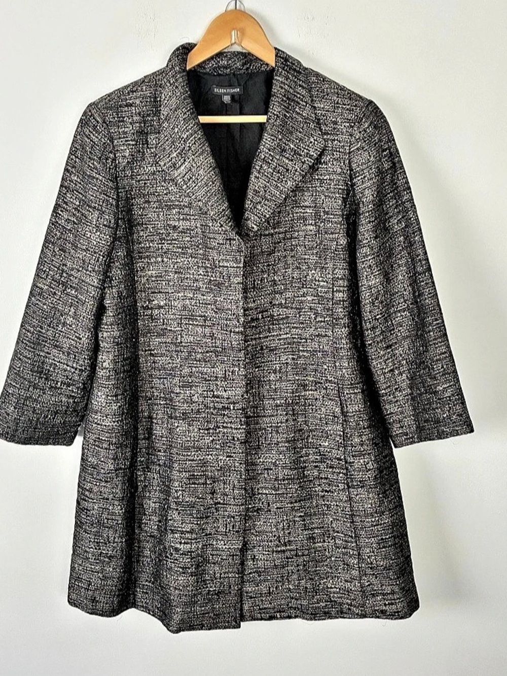Eileen Fisher Metallic Jacquard Swing Coat Twee Mod Quiet Luxury Dark Academia M